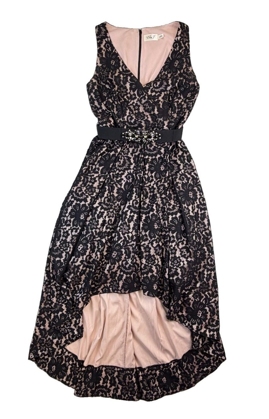 Eliza J Black & Blush Lace V-Neck High/Low Dress Size 8 Beaded Belt Coquette